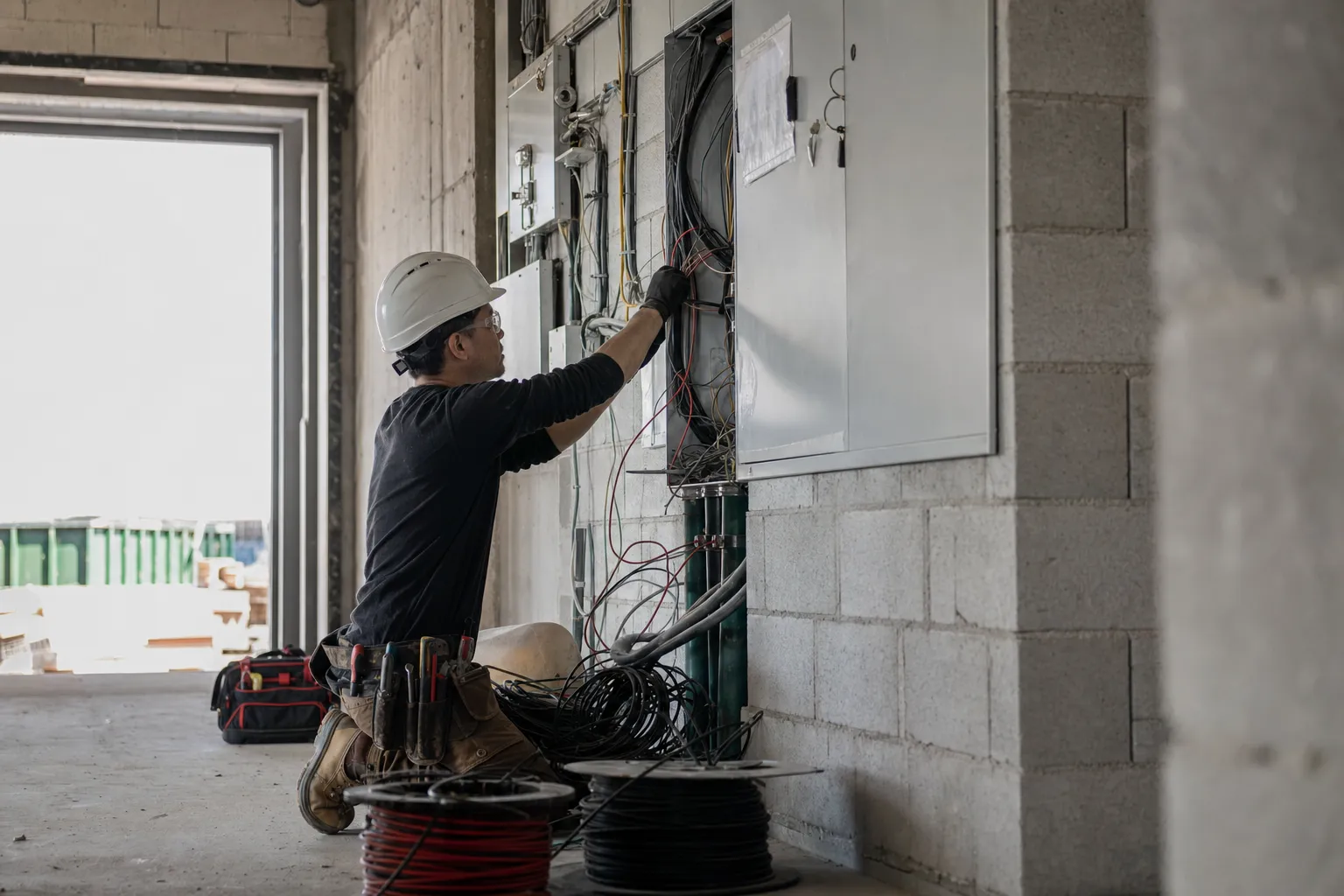 An electrician at work on a job site