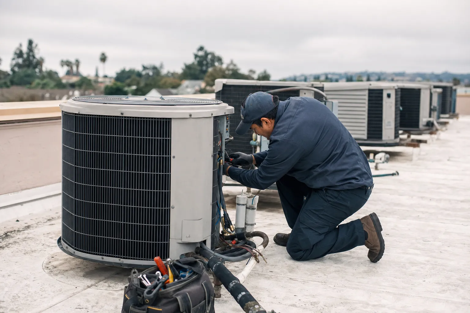 An HVAC technician at work on a job site