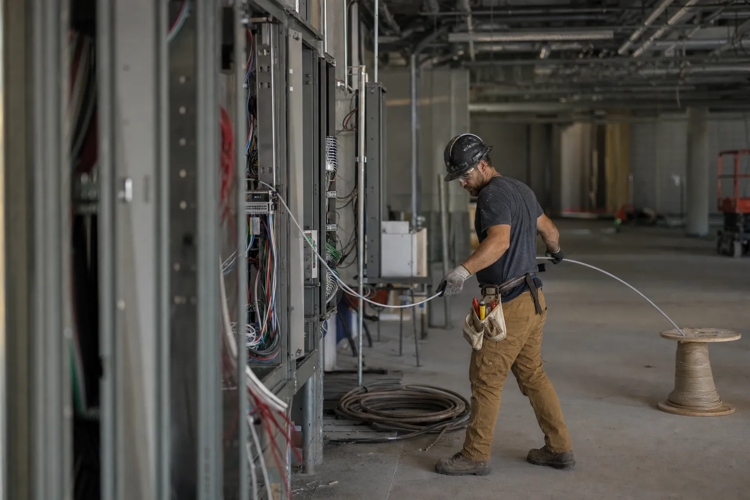 An electrician at work on a job site