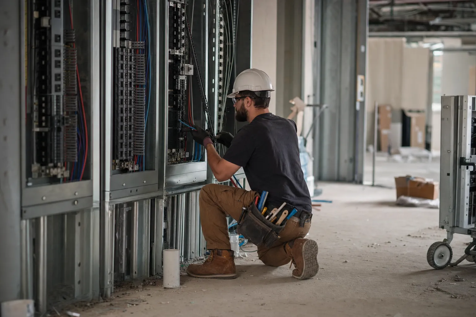 An electrician at work on a job site