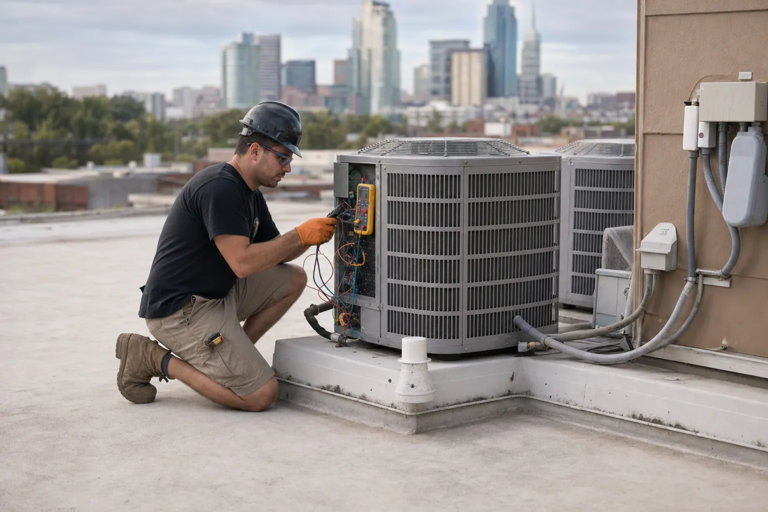 An HVAC technician at work on a job site