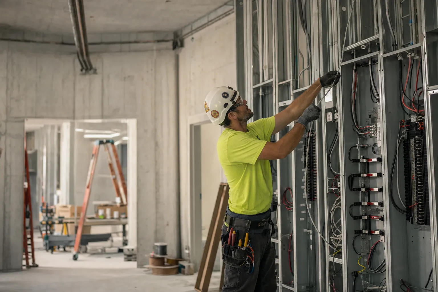 An electrician at work on a job site