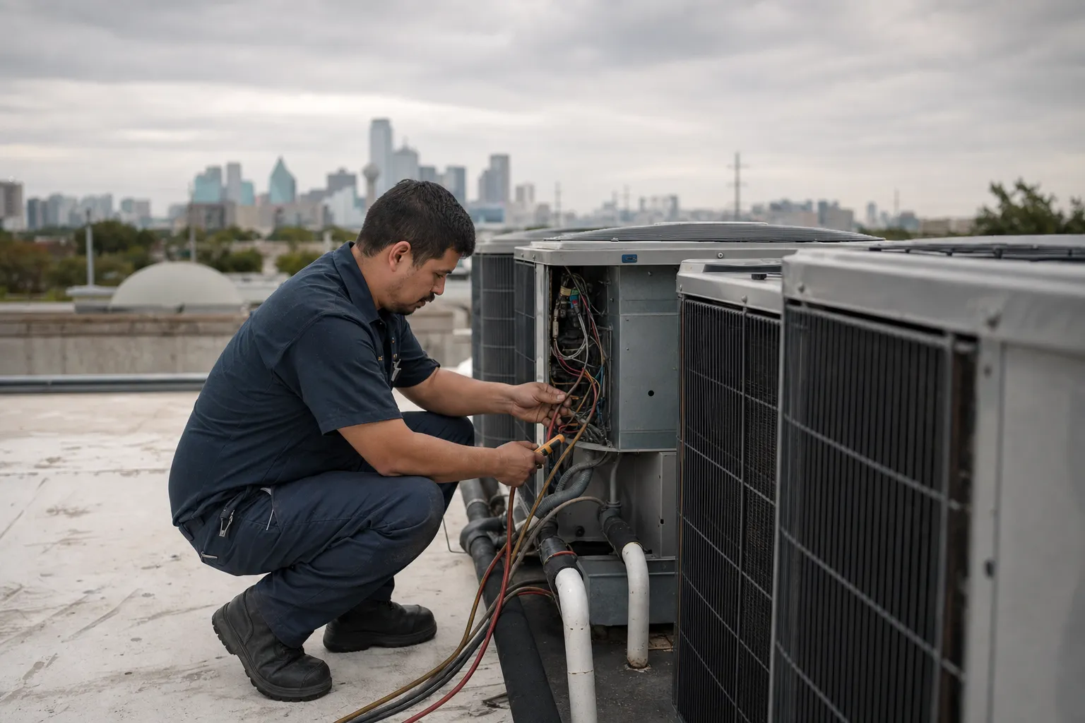 An HVAC technician at work on a job site