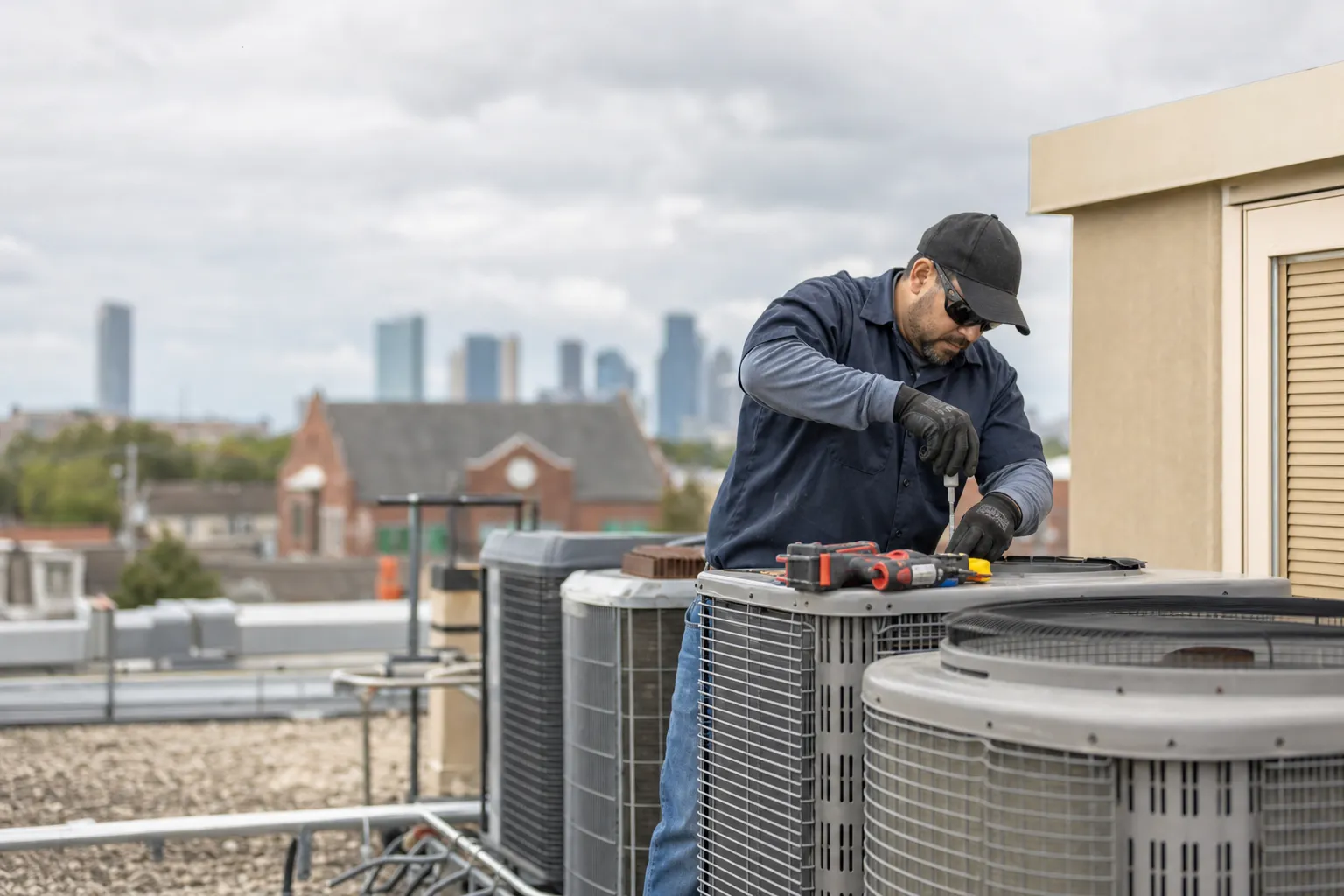 An HVAC technician at work on a job site