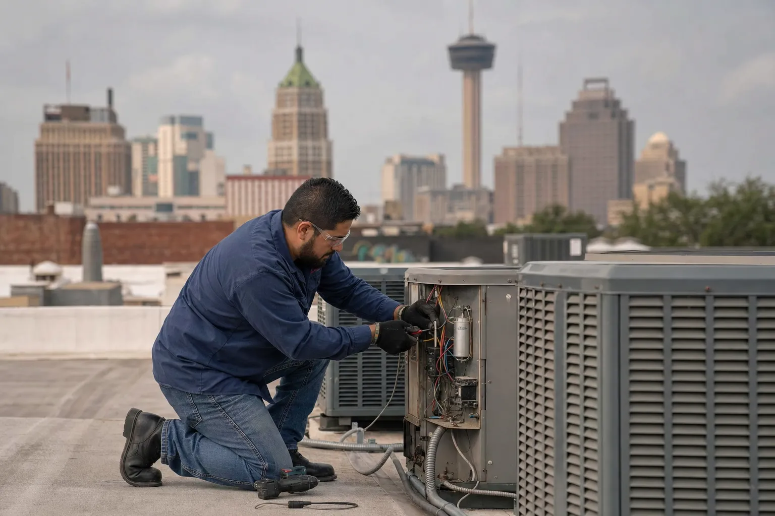 An HVAC technician at work on a job site