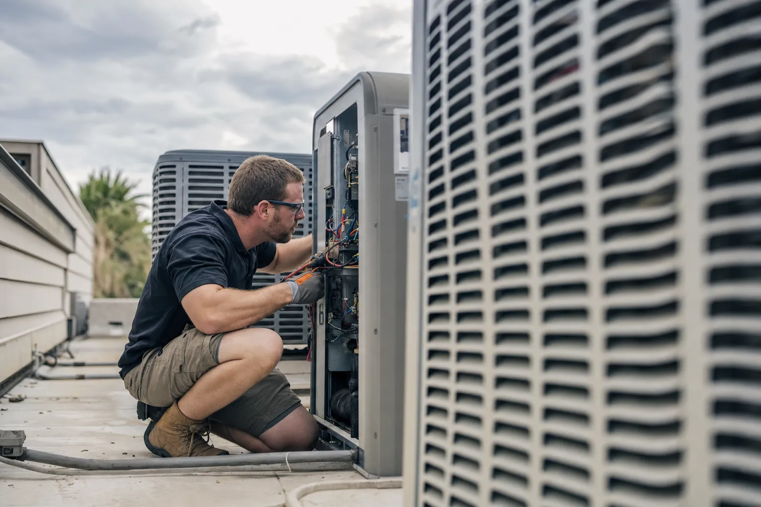 An HVAC technician at work on a job site