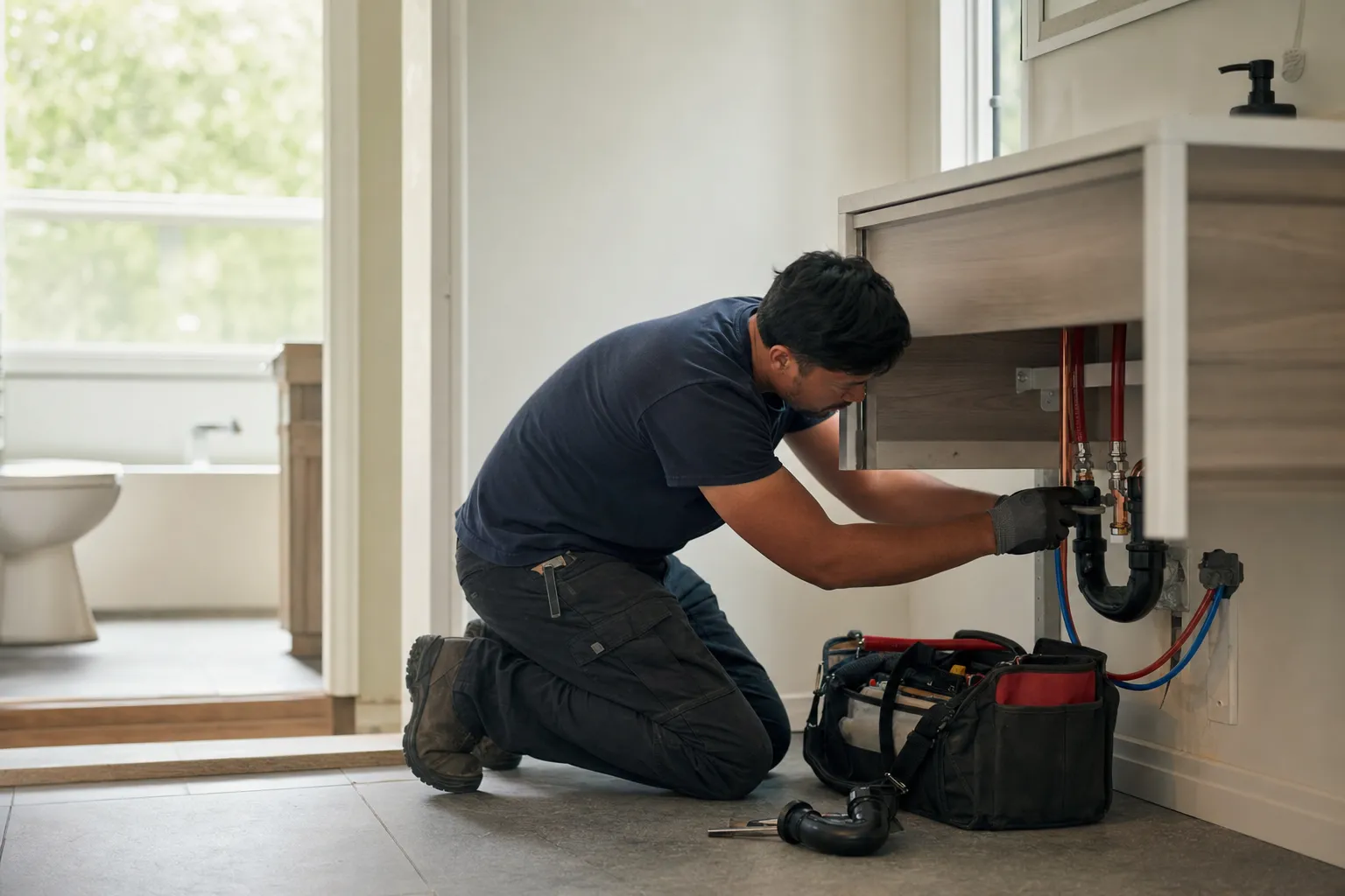 A plumber at work on a job site