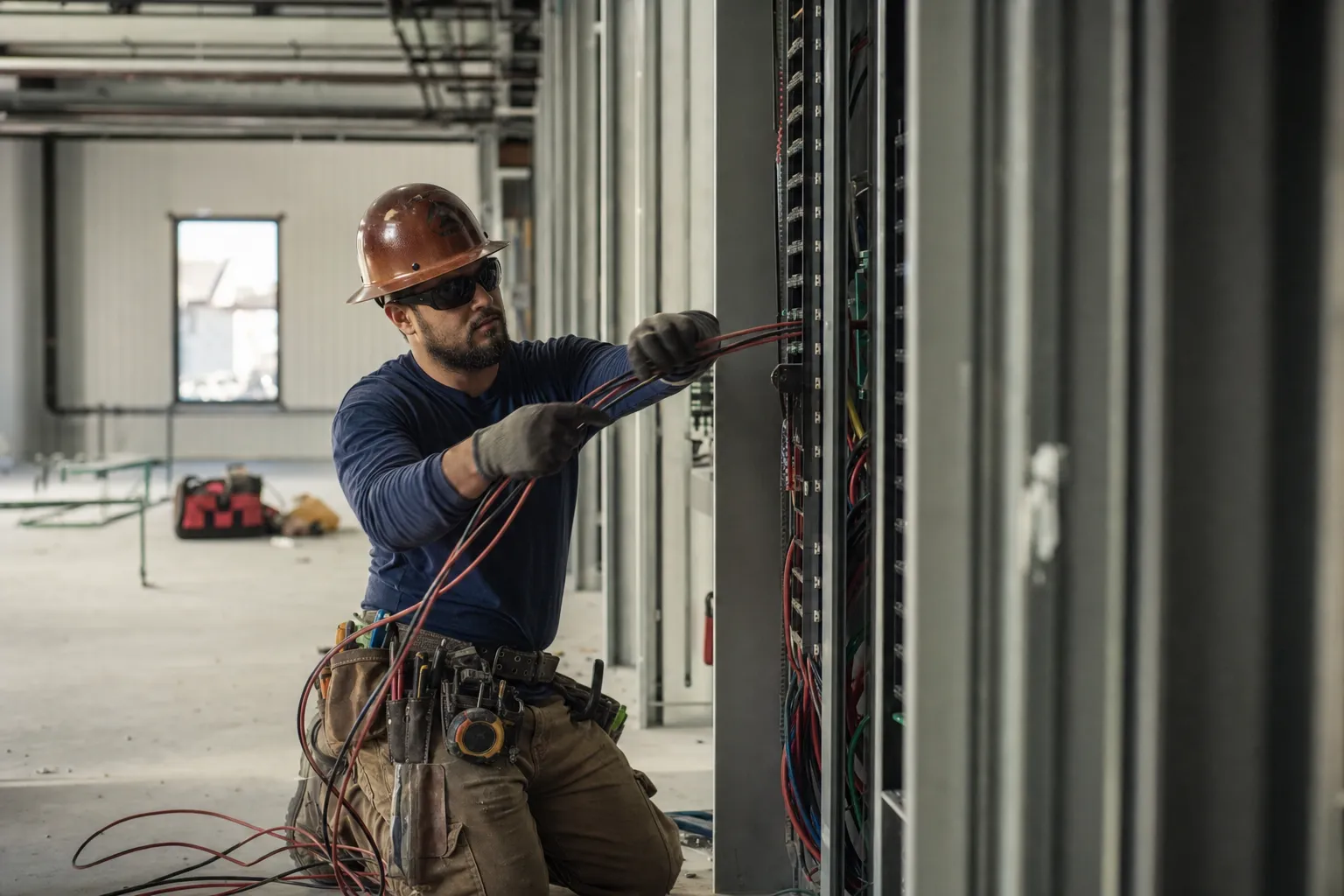 An electrician at work on a job site