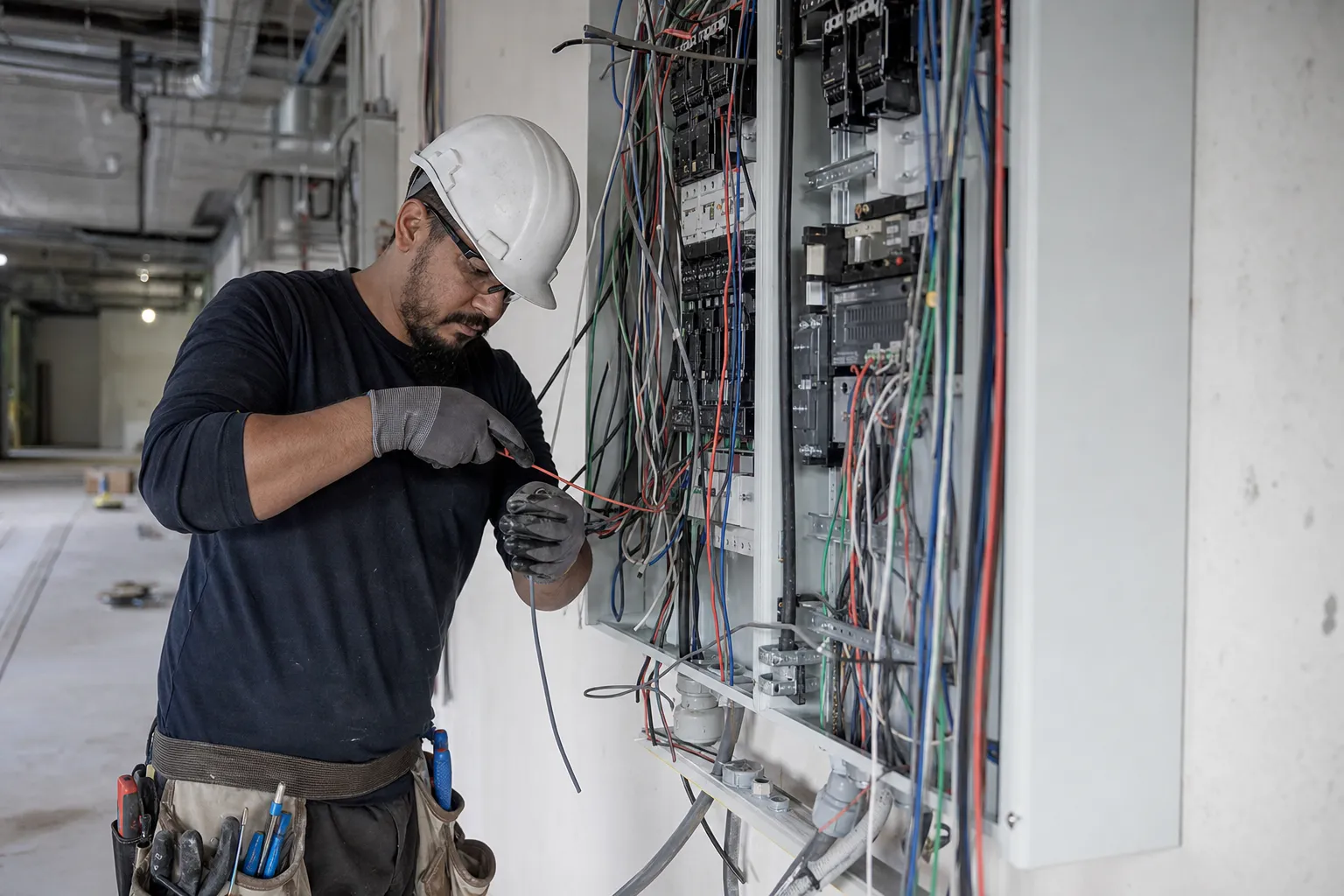 An electrician at work on a job site