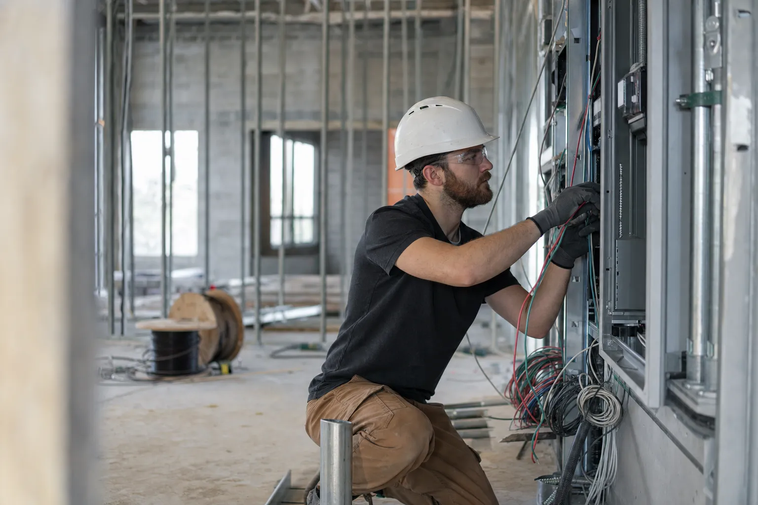 An electrician at work on a job site