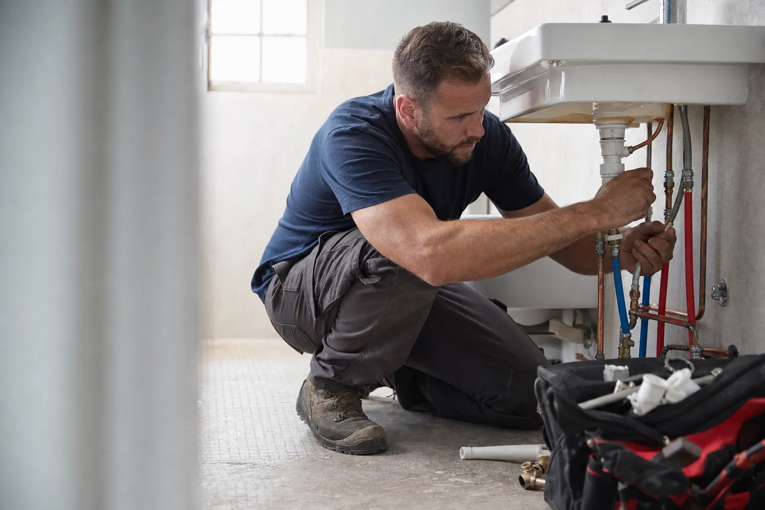 A plumber at work on a job site
