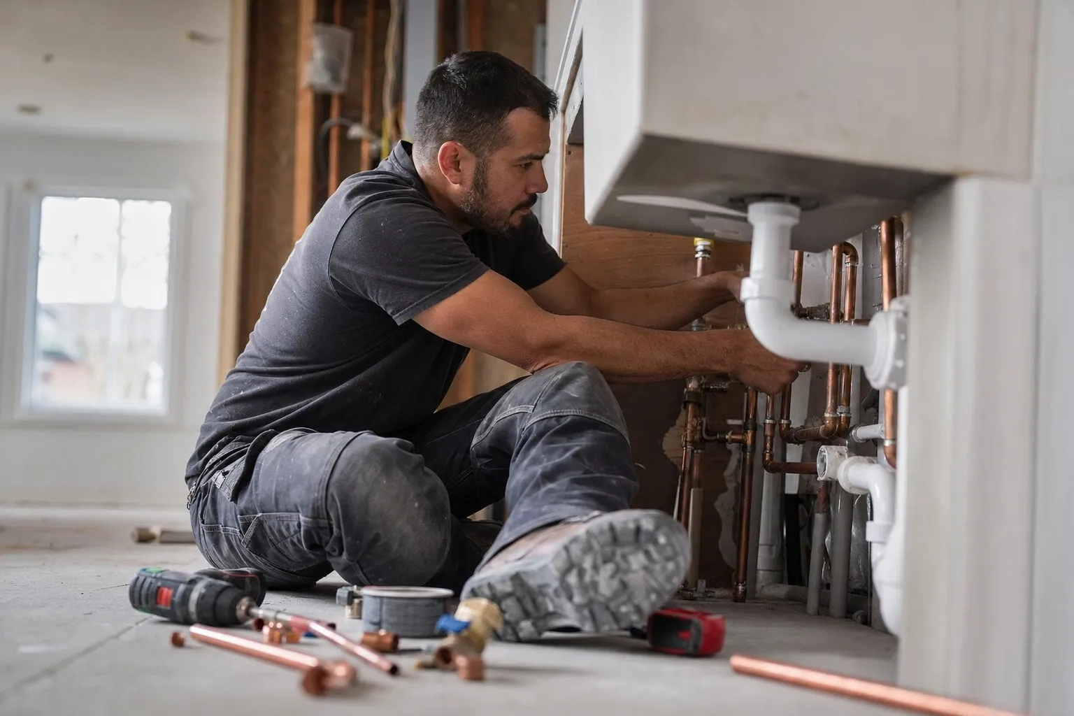 A plumber at work on a job site