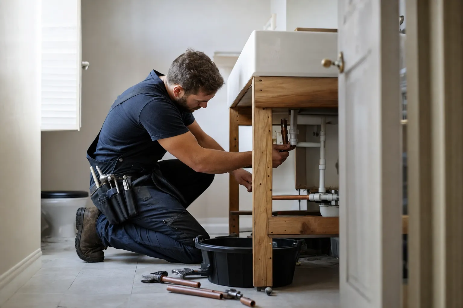 A plumber at work on a job site