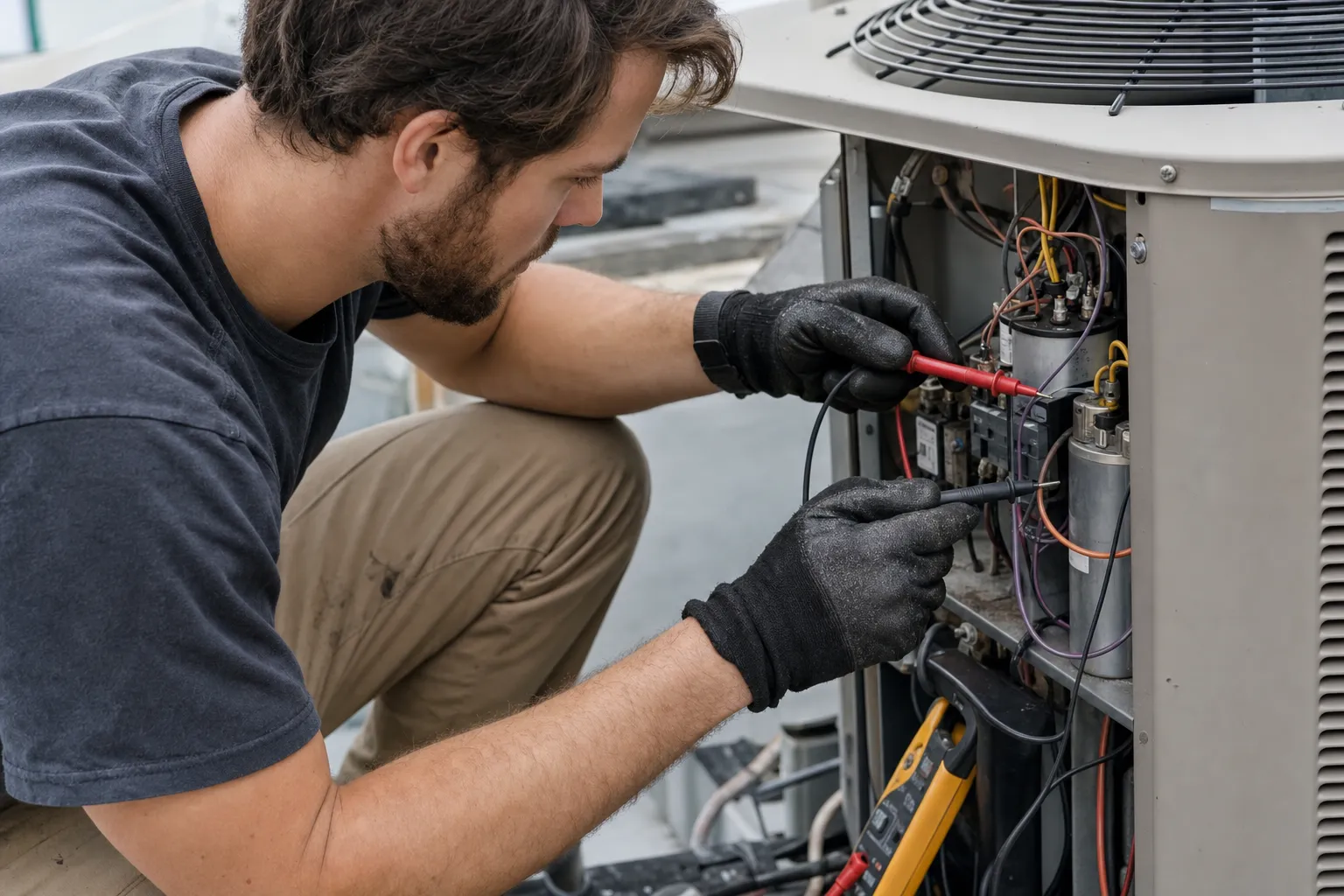 An HVAC technician's hands working with tools on the job