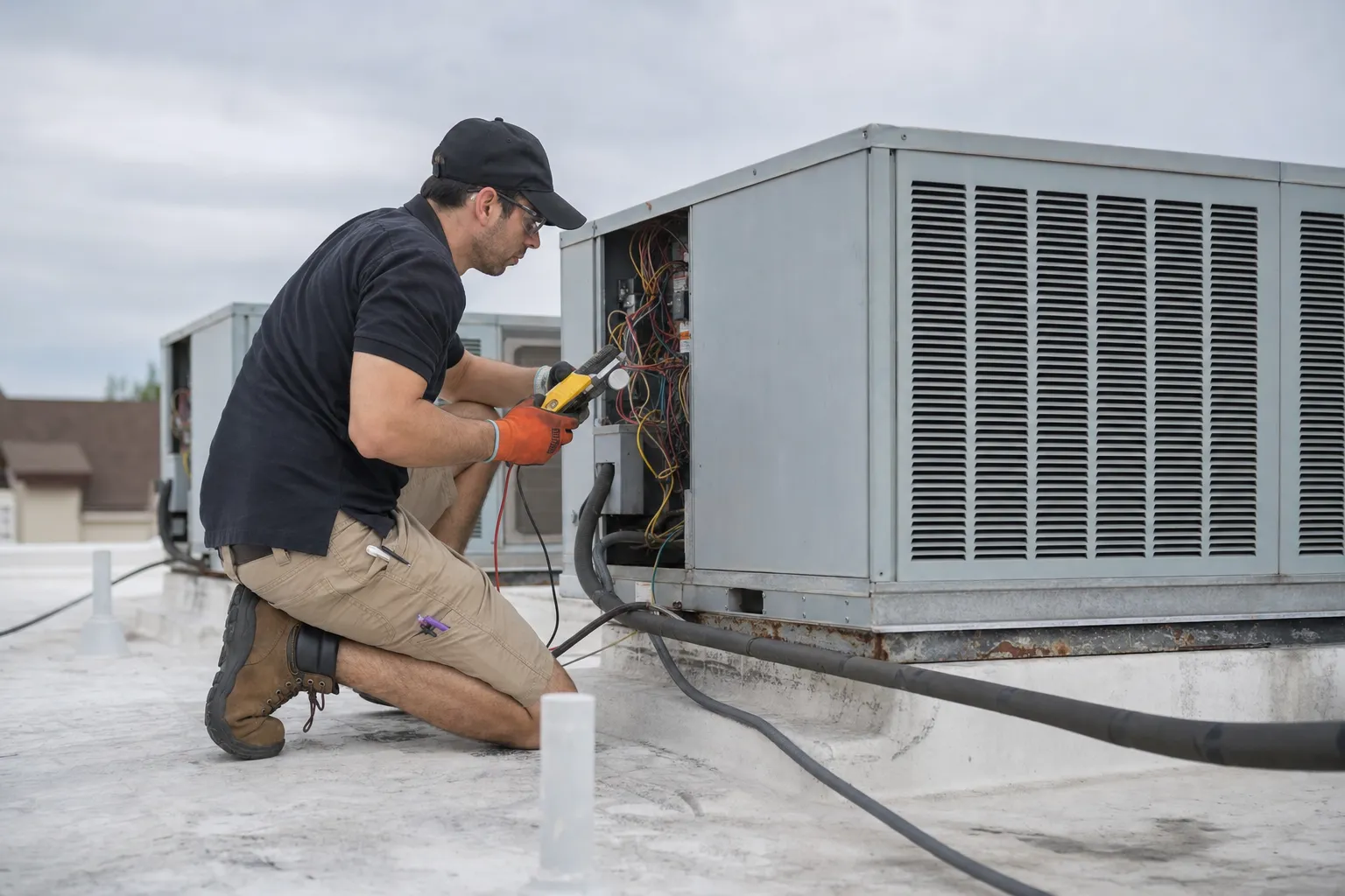 An HVAC technician at work on a job site