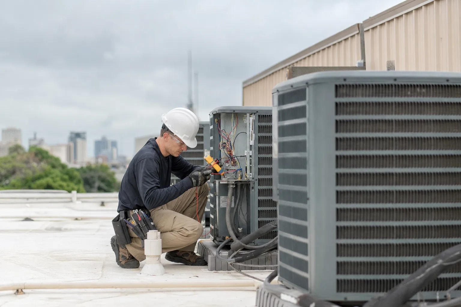 An HVAC technician at work on a job site