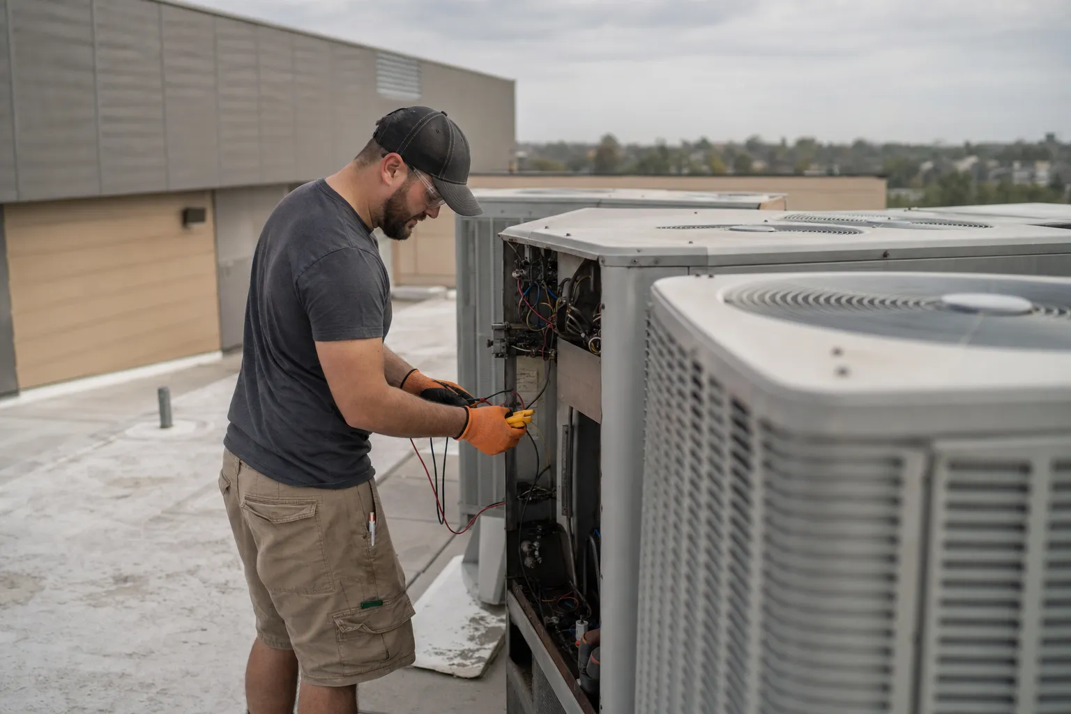 An HVAC technician at work on a job site