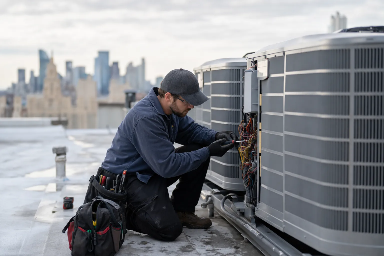 An HVAC technician at work on a job site