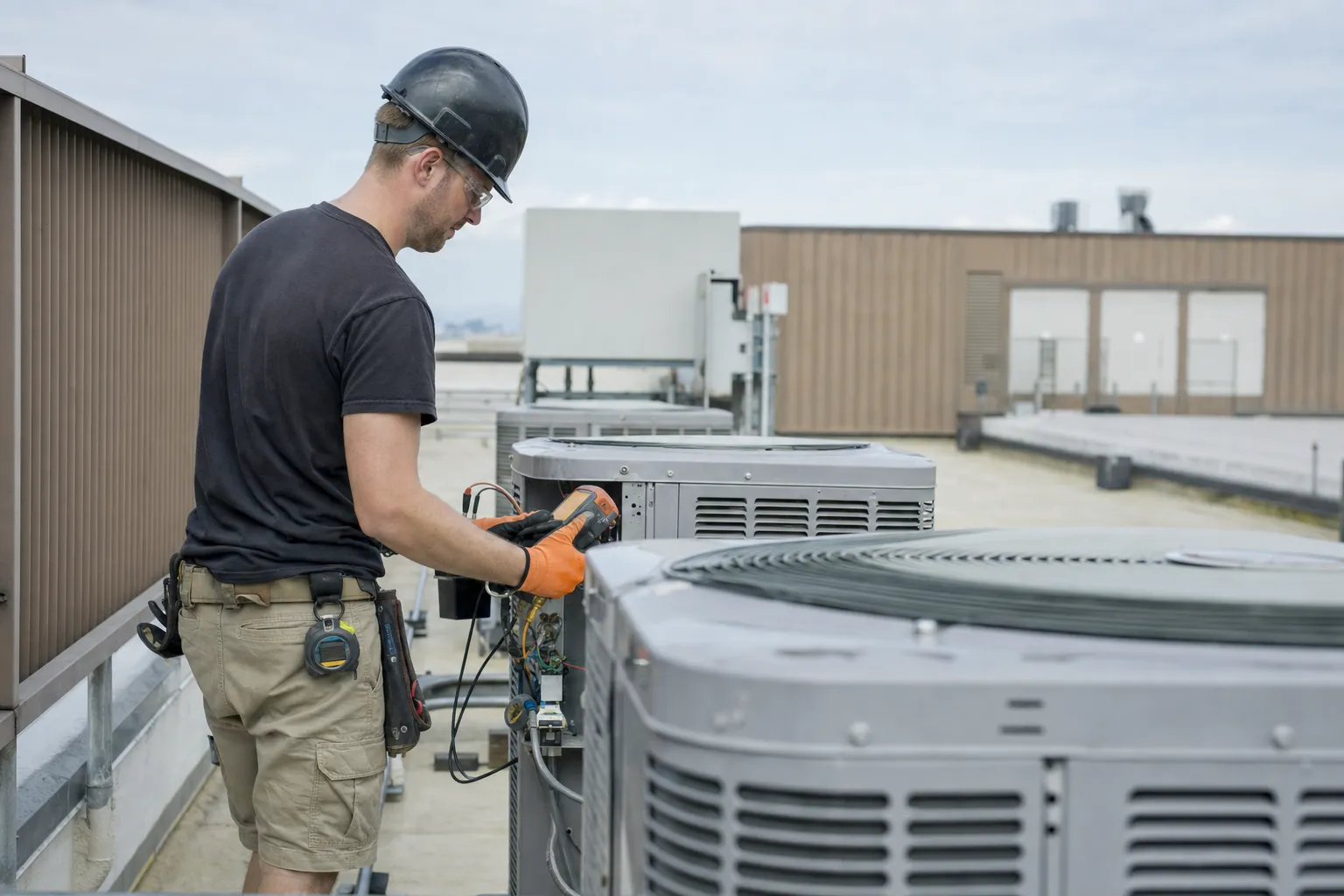 An HVAC technician at work on a job site