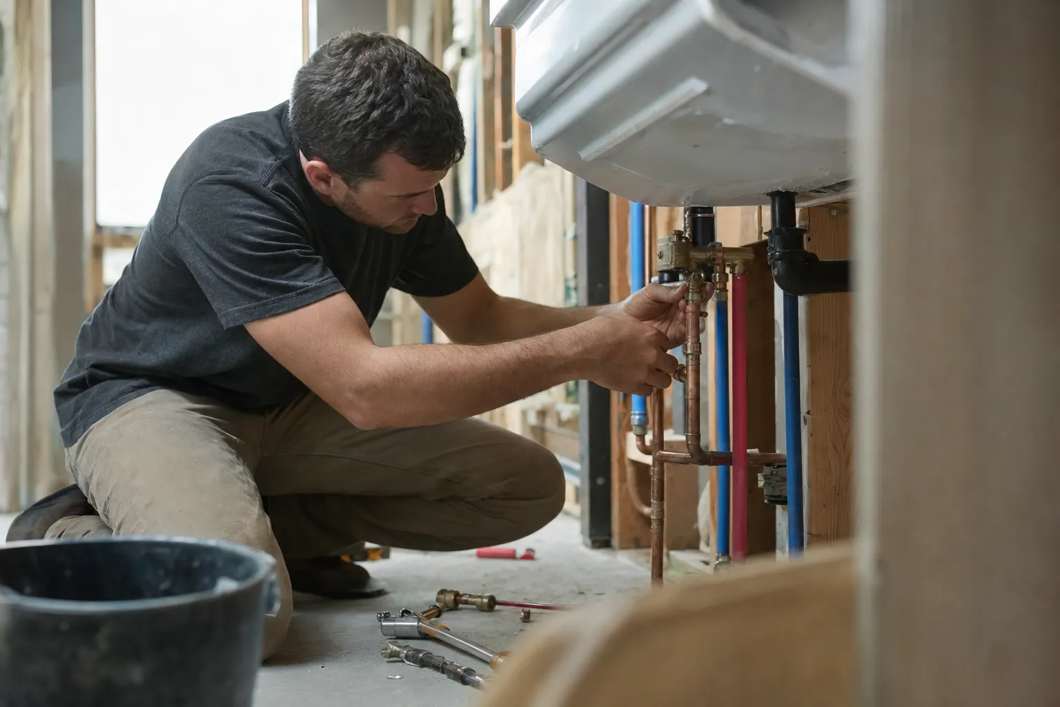 A plumber at work on a job site