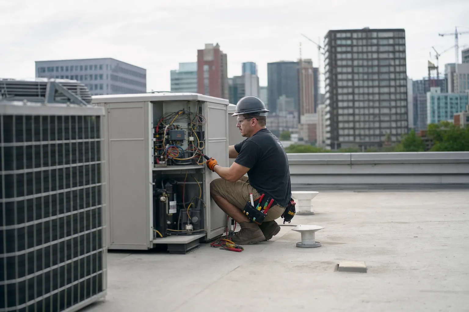 An HVAC technician at work on a job site